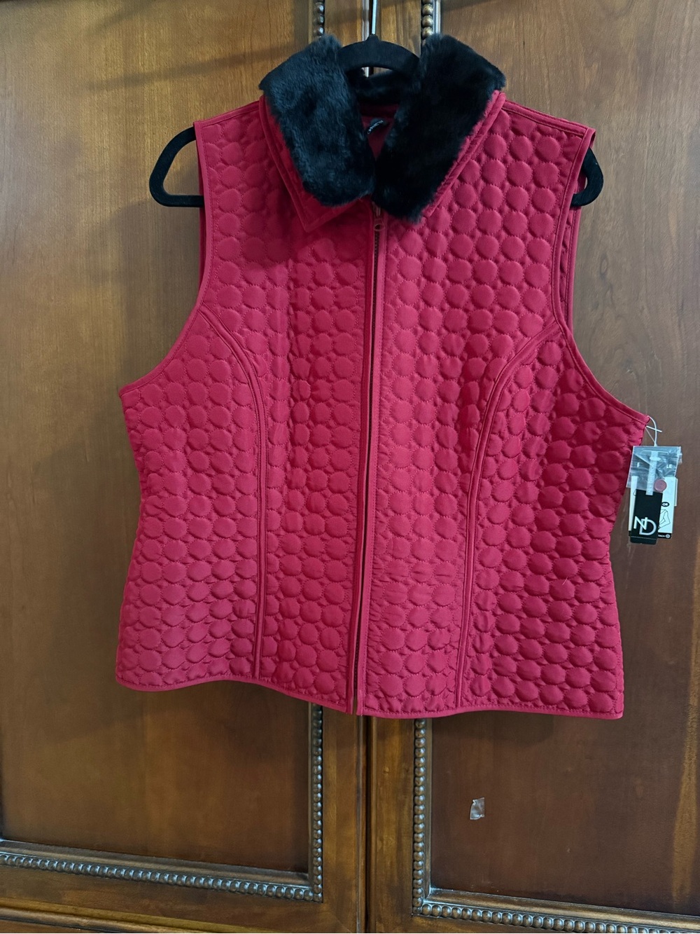new directions Red Quilted Vest with Black Faux-Fur Collar